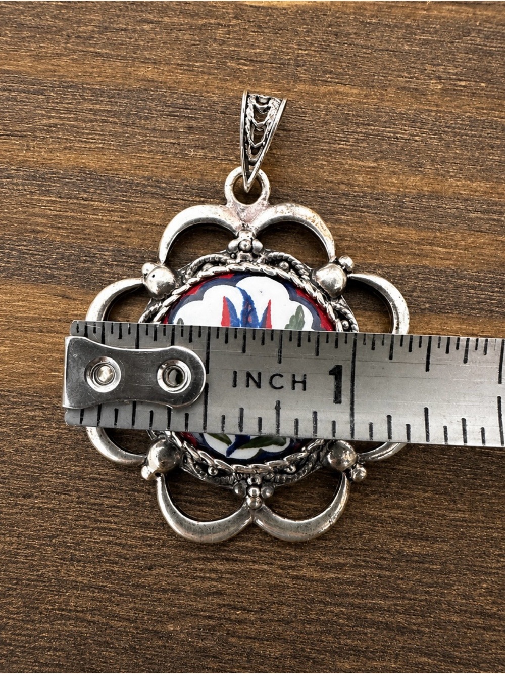 Vintage Sterling Silver 925 Turkish Tulip Hand Painted Ornate Pendant - Picture 6 of 6